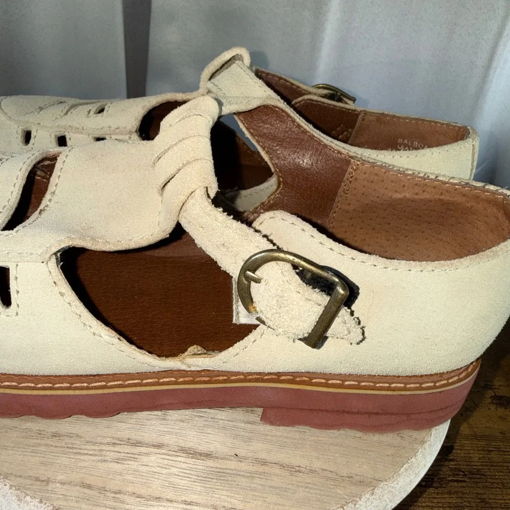 Esprit Balboa T-Strap Fisherman Style Oxfords 10 Tan Suede Red Sole Vtg 90s RAE